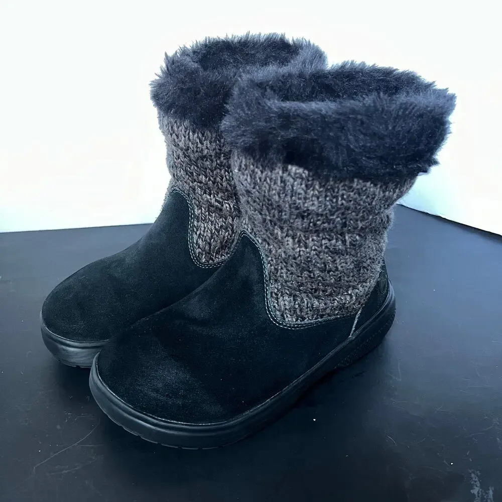 Crocs Womens Cozycrocs Cozy Boots Gray Black Leather Faux Fur Trim size 7
